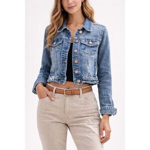 YMI Jeans Women's Cropped Denim Jacket XS Blue Distressed Button Front Y2K Vibes